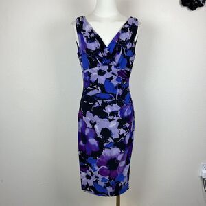 Lauren Ralph Lauren Dress Womens 6 Purple Floral Ruched Stretch Party Office